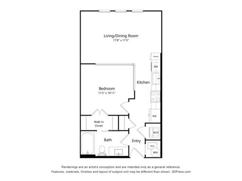 Floor plan for studio, 1 bath, 637 sqft